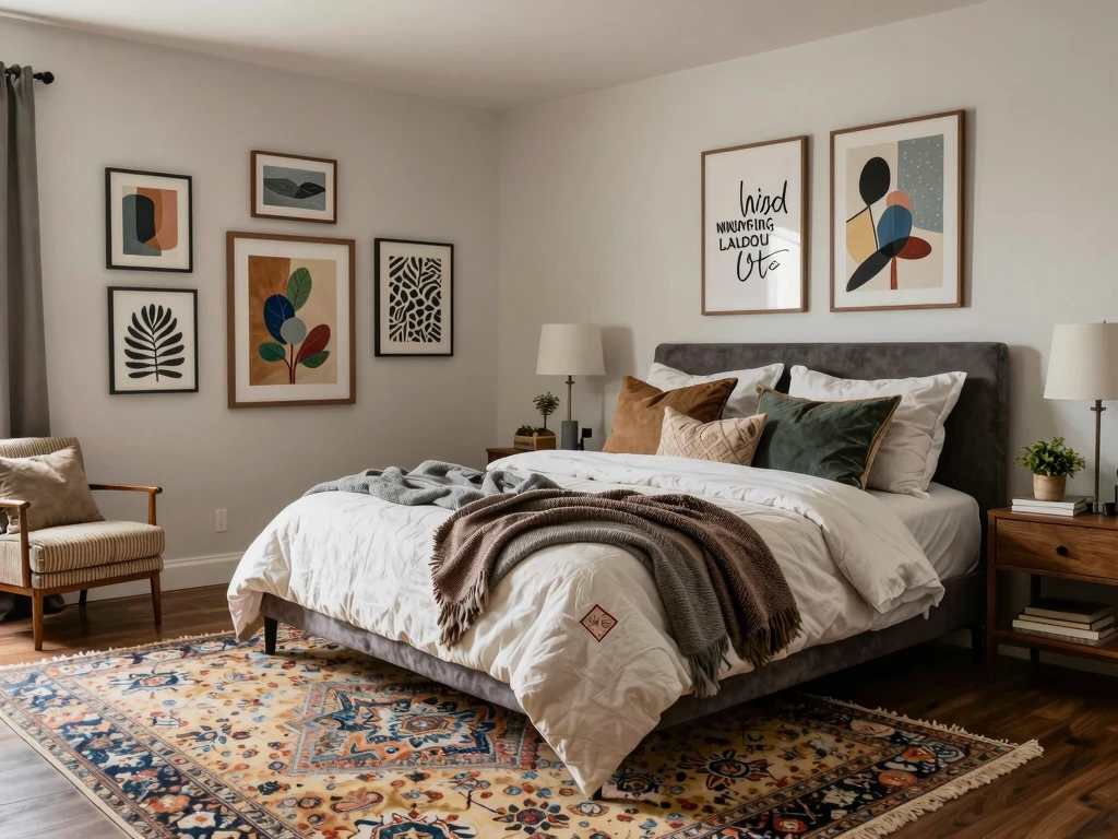 Eclectic bedroom styling with mixed patterns and textures