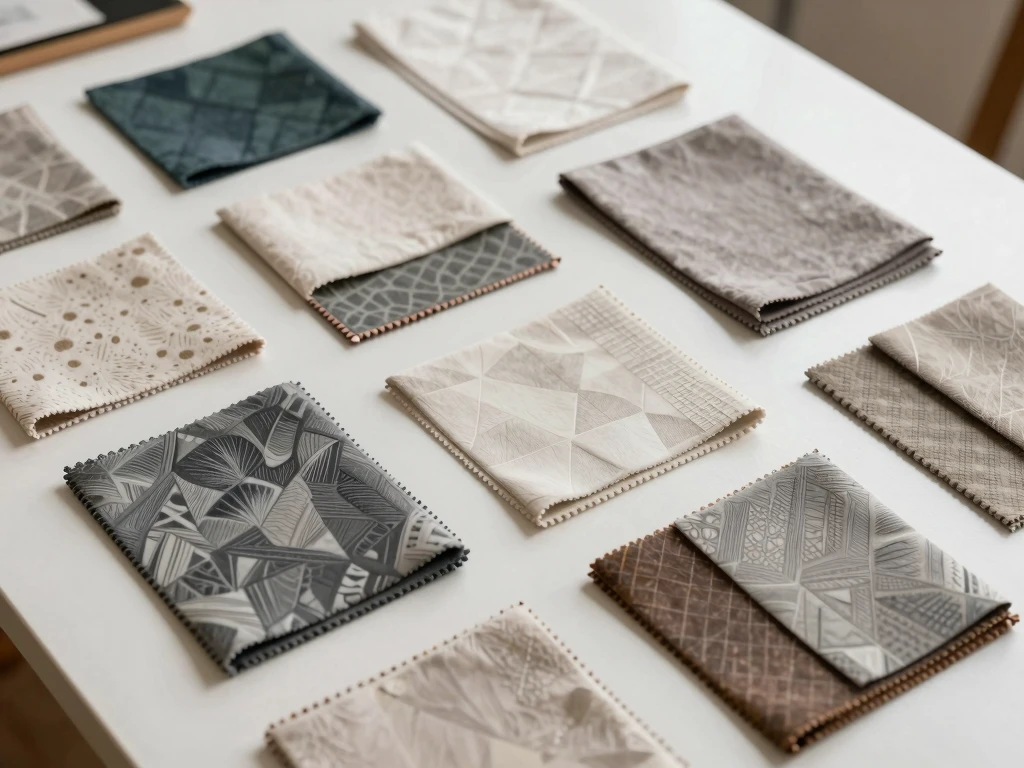 Interior design styling process with fabric swatches and samples