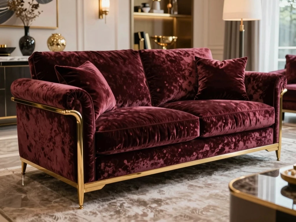 Custom velvet sofa with brass accents and luxury upholstery
