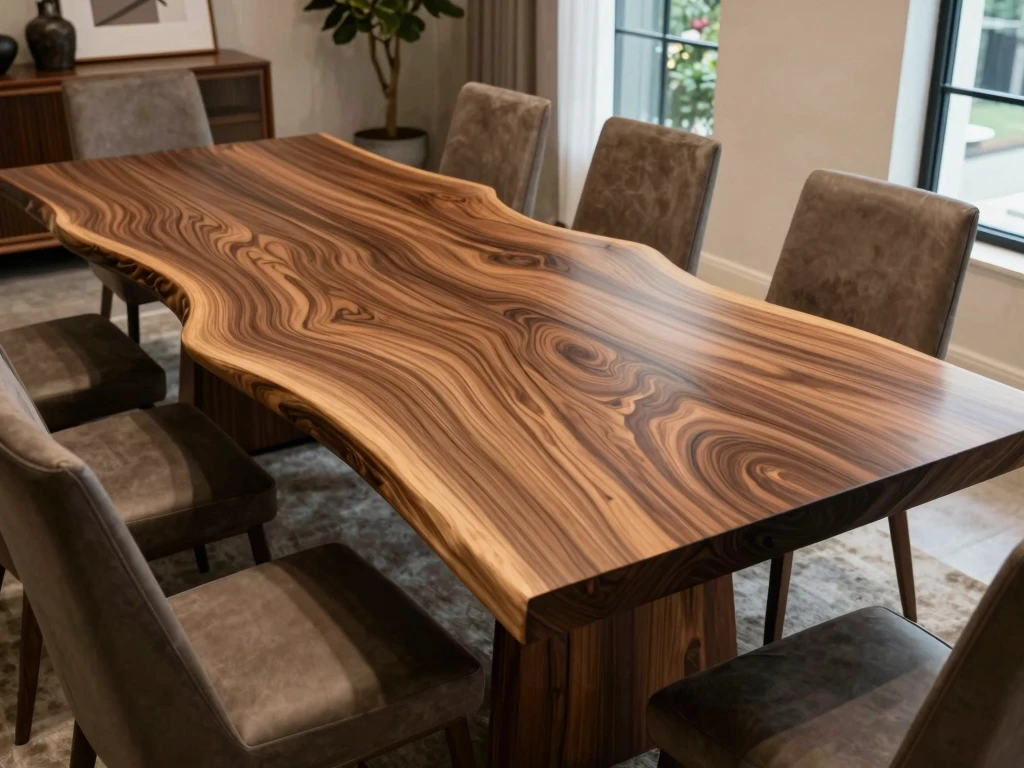 Handcrafted walnut dining table with live edge design