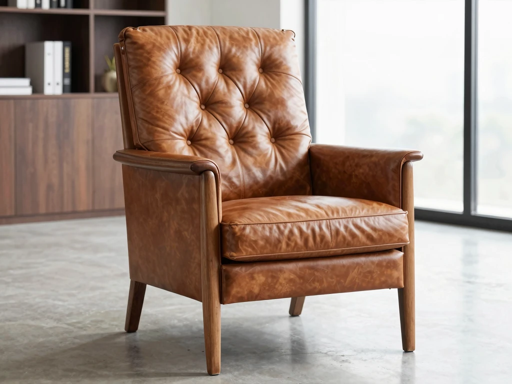 Bespoke leather armchair with tufted back and wooden frame