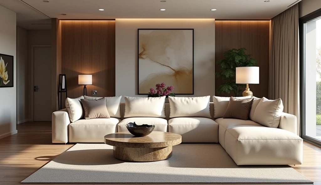 Modern living room design with neutral tones and luxury furnishings