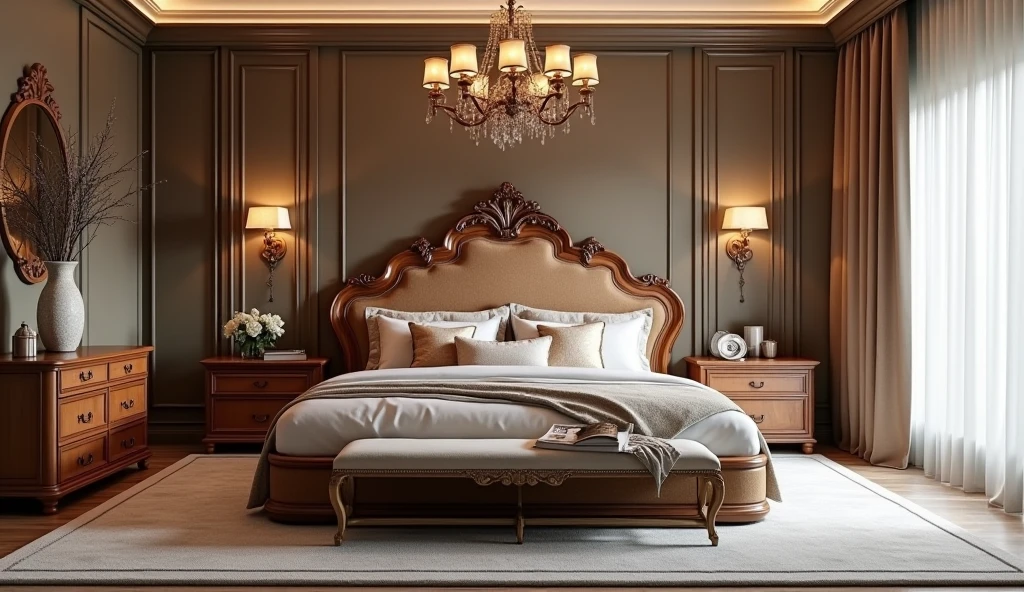 Luxury bedroom interior with custom headboard and elegant decor